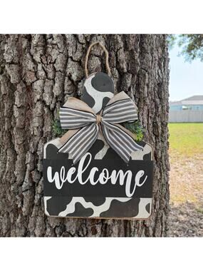 Handmade Wood Door Decor Sign, Cow Tag, Welcome Sign